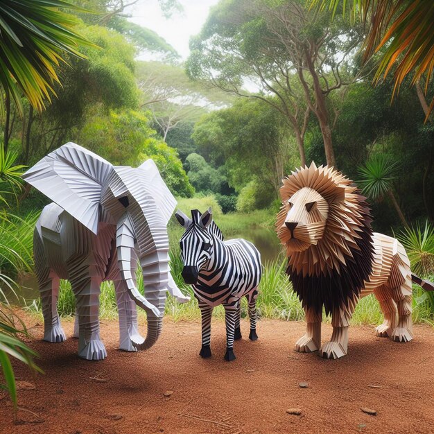 a rhino and zebra are standing in a jungle with trees and bushes
