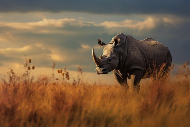 Photo rhinoceros on the african savannah at sunset