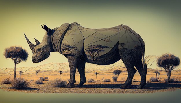 A rhinoceros in a desert with trees on the back