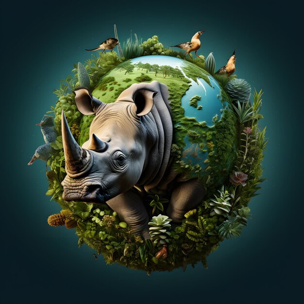 Photo rhinoceros in a green planet with birds and plants