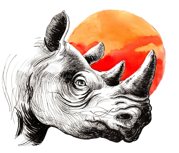 Rhinoceros head and orange sun. Ink and watercolor drawing