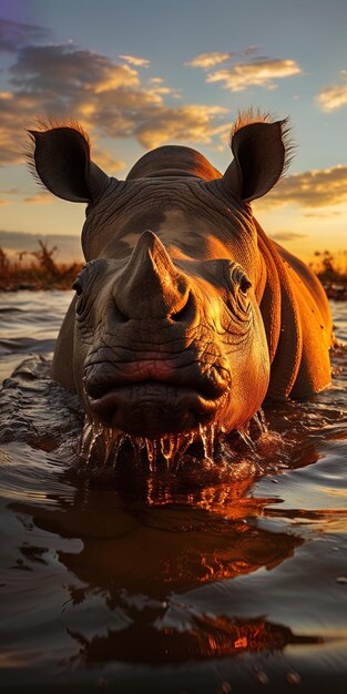 a rhinoceros is submerged in water with the sun behind it