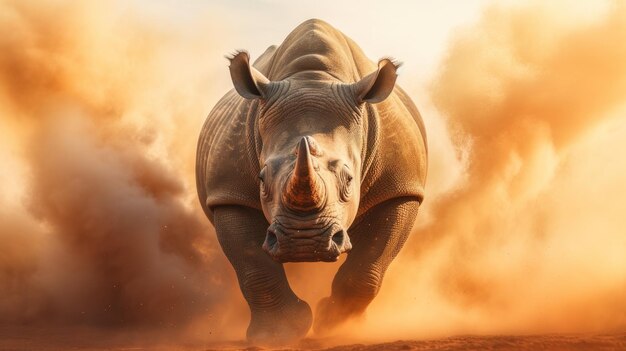 rhinoceros runs in a cloud of dust in the rays of sunset