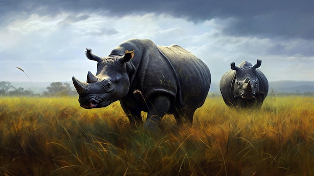 Rhinoceros in smoky grassland generative ai illustration