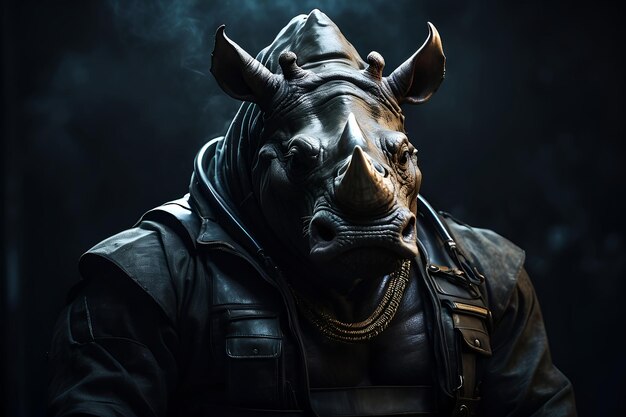 Сила и опасность солдата-носорога в гладкой черной военной одежде Увлекательный портрет