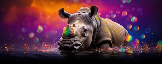 사진 거품이 있는 다채로운 수영장에서 수영하는 코뿔소 generative ai
