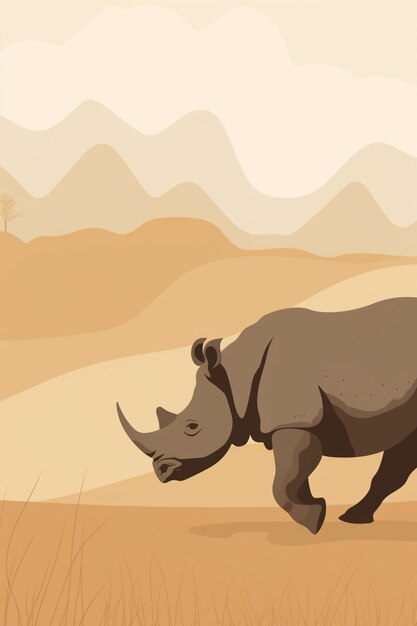 A rhinoceros walking in the desert with mountains in the background