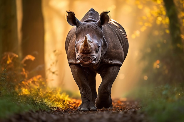 A rhinoceros walks through a forest with trees in the background