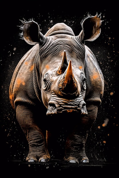 A rhinoceros with a black background and the word rhino on it.