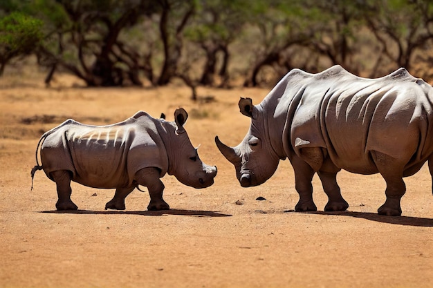 Rhinoceros with cub walk on golden sand among wild