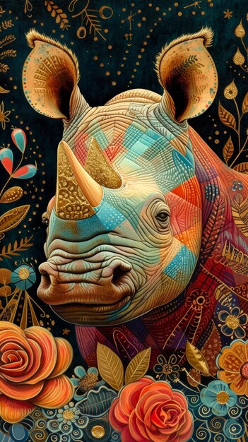 A rhinoceros with a gold horn and colorful markings on its face