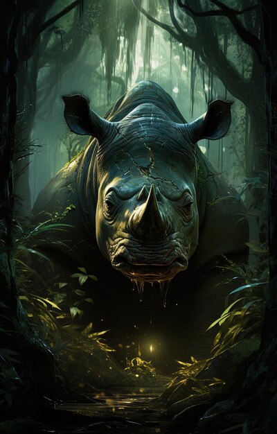 a rhinoceros with a green background and a dark background