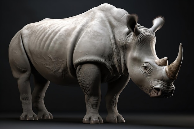 A rhinoceros with a large horn and a large nose.