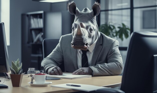 Rhinoceros works diligently in office blending surrealism with professional setting AI Generative