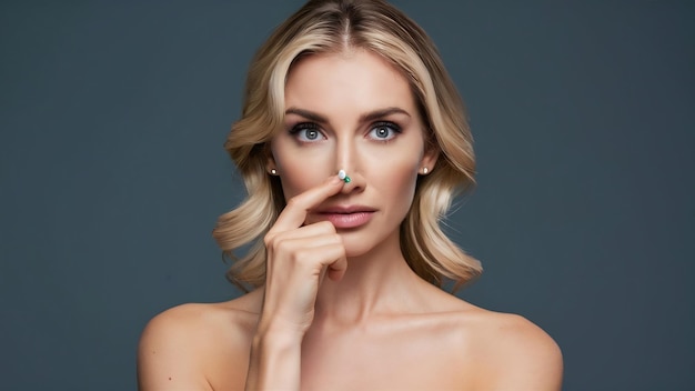 Photo rhinoplasty nose surgery portrait of attractive blonde woman touching her nose and looking at camer