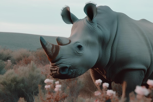 Rhinos large rhinoceros grazing in african wilderness area