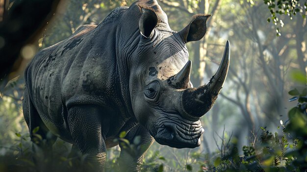 Photo a rhinos portrait against the forest backdrop the beauty of natures giant