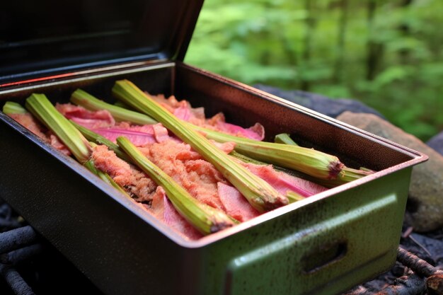 Rhubarb crisp baking in an outdoor oven created with generative ai