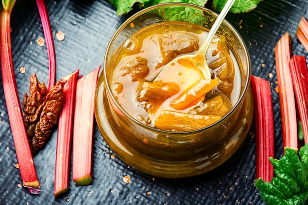 Rhubarb jam in glass bowl