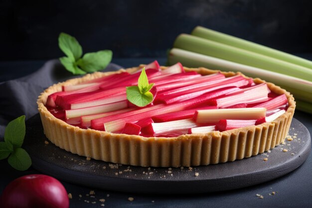 Rhubarb pie on dark table close up generative ai