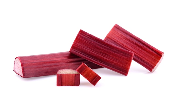 Rhubarb stalks on a white background