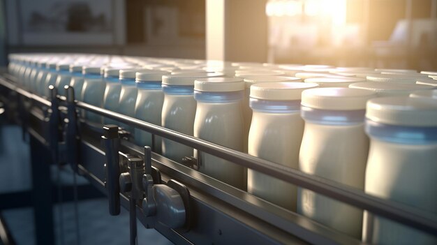 사진 우유 병 컨베이어 의 리적 인 움직임 은 유제품 생산 의 효율적 인 과정 을 상징 한다