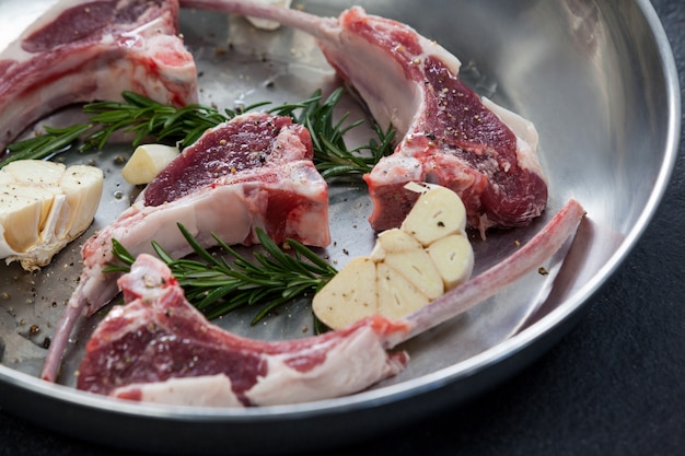 Rib chop and herbs in frying pan