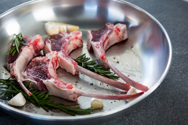 Rib chops and herbs in frying pan