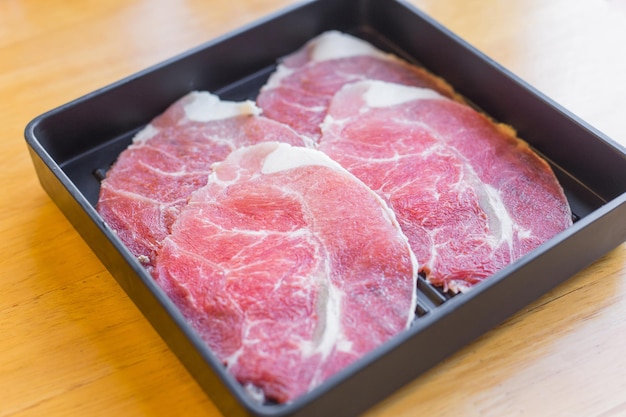 Rib eye is fresh beef raw sliced was served for sukiyaki korean grilled beef and shabu restaurant