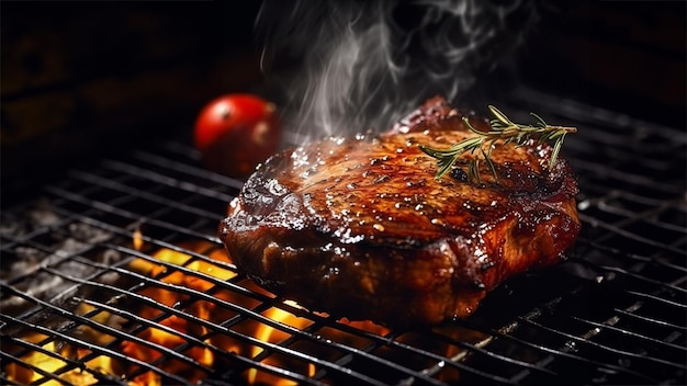 rib eye steak cooked on a hot fire with dark background