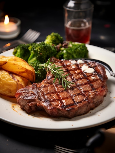 Rib eye steak on white plate