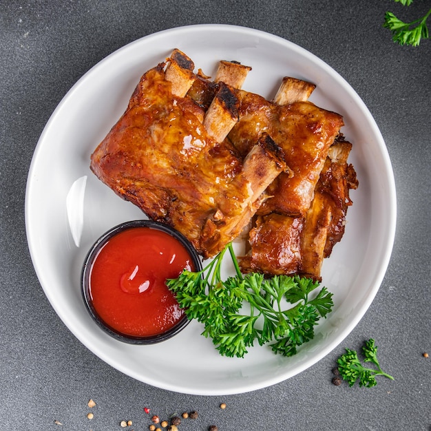 ribben grill varkensvlees barbecue rib gebakken maaltijd eten snack op tafel kopie ruimte voedsel achtergrond