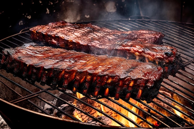 Ribben koken op een grill met het woord bbq aan de zijkant