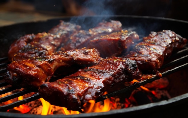 Ribben sissen en smeulen op de grill