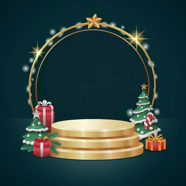 The ribbon A circular podium near a ring with stars photo frame Christmas tree and gift box