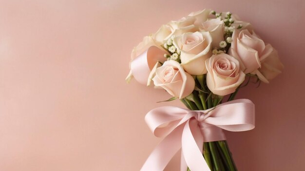 A ribbon of pale pink wrapping a bouquet of flowers