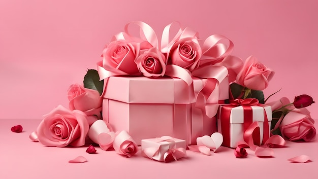 Ribbon in shape of heart with gift boxes and rose flowers on pink background Happy Valentines day