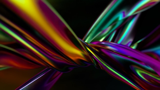 Ribbons of a metallic rainbow color are tightly twisted together against an abstract background binding interlacing