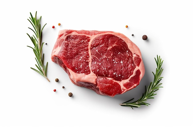 Ribeye steak top view Raw meat with spices isolated on white background generative ai