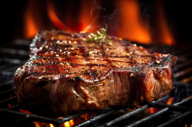 Ribeye steaks cooking on flaming grill side view