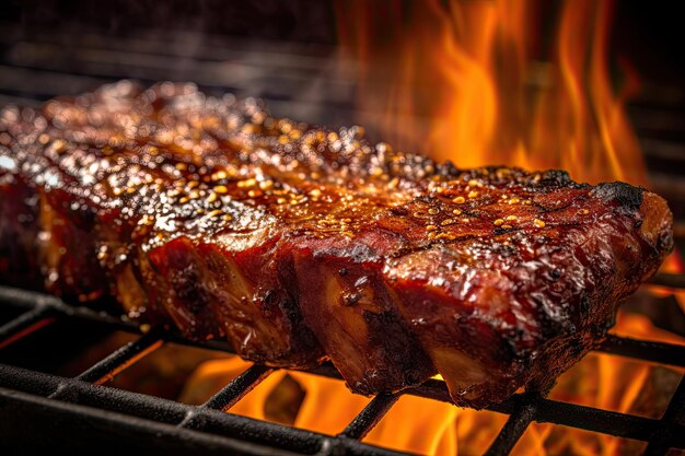 Ribs Cooking On Flaming Grill