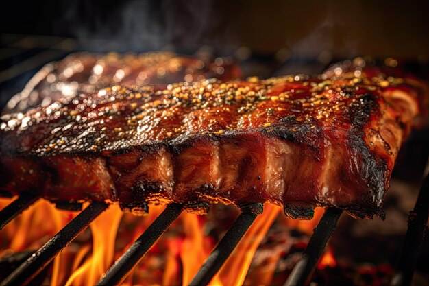 Ribs Cooking On Flaming Grill