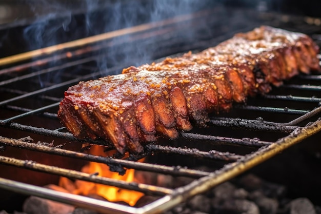 Ribs marinated with spicy bbq sauce in smoker created with generative ai