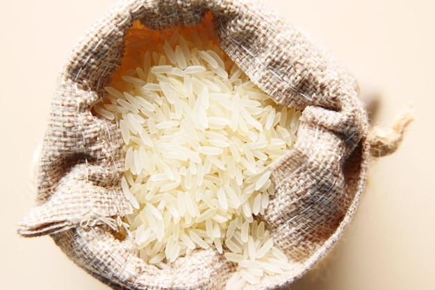 Rice in a bag on table top view