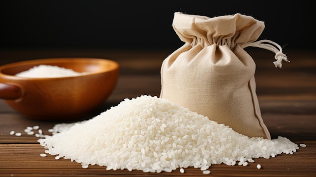 Photo rice in bag on a wooden table