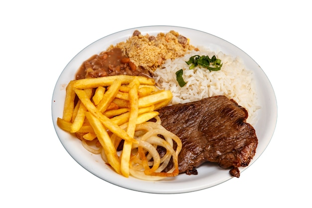 Rice, beans, french fries and beef steak