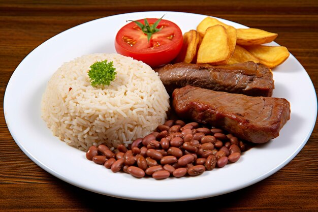 Rice beans french fries and meat