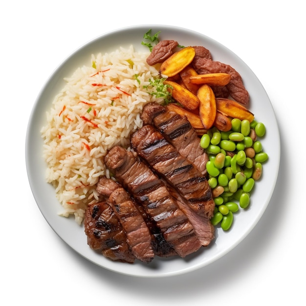 Rice beans with beef steak on white background