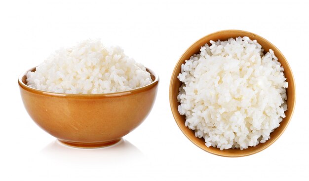 Rice in a bowl on a white background