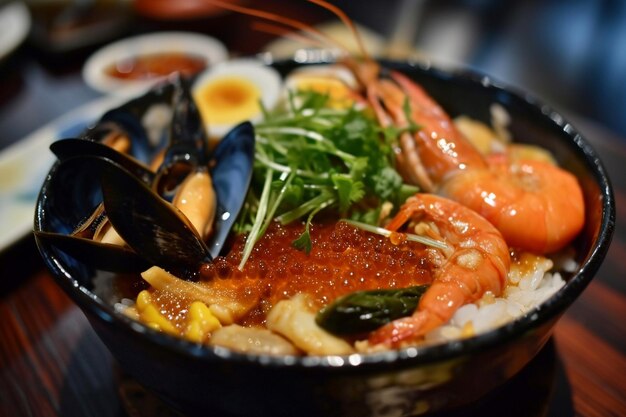 Rice bowl with seafood and vegetables